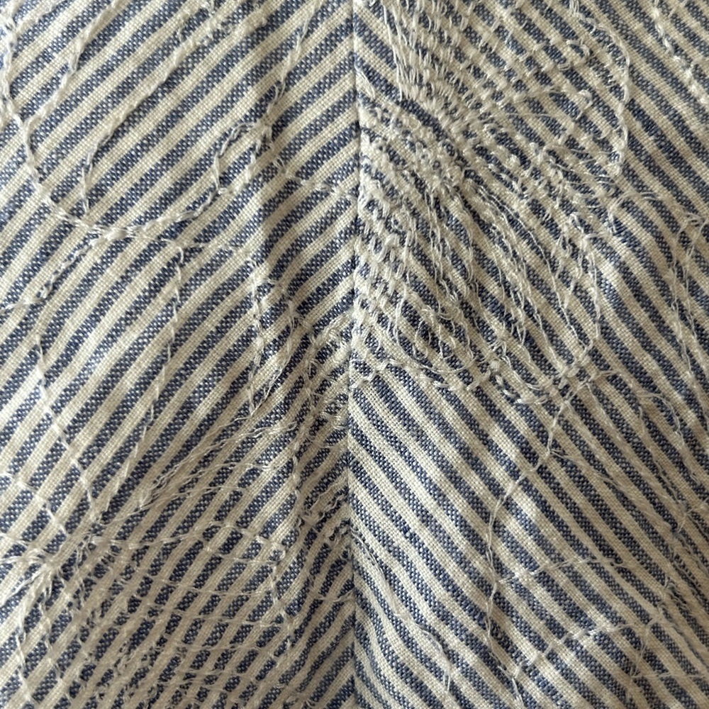 FLAX Blouse Striped Gray Blue Button-Up Linen Top Embroidered Floral Size M - Picture 7 of 9